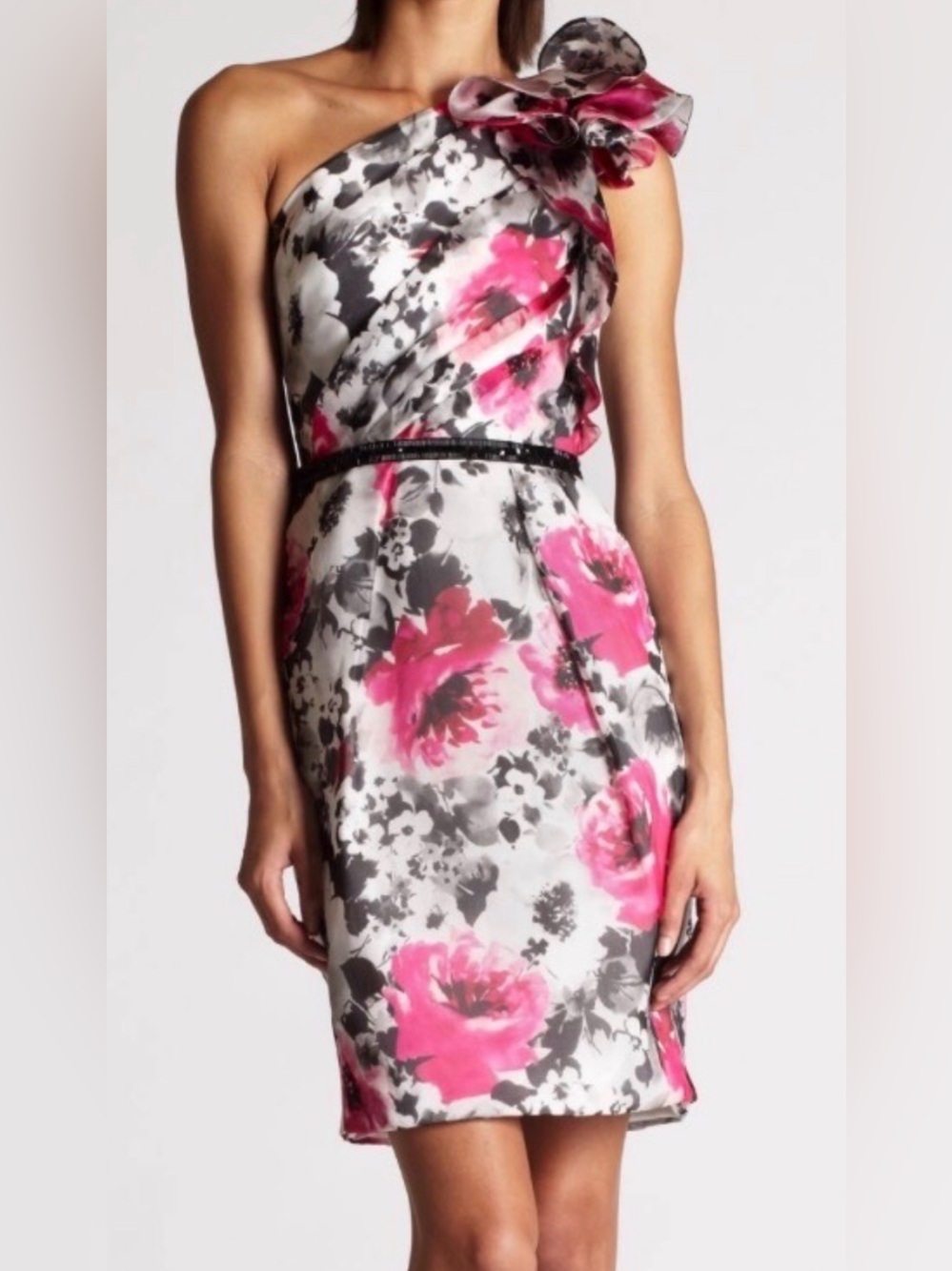 Carmen Marc Valvo One-Shoulder Pink Floral Dress